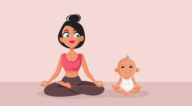 Yoga Mom And Baby Exercise Together Vector Cartoon Illustration