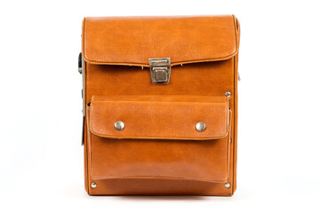 Antique leather bag on a white background.