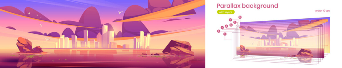Parallax background sunset city skyline architecture near waterfront, modern megapolis with buildings skyscrapers under purple sky 2d separated layers for game animation, Cartoon vector illustration