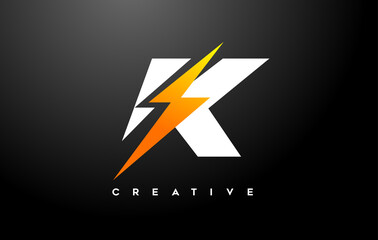 K letter Logo Design With thunderbold sign icon Vector. Thunder Letter Creative Logo Design.