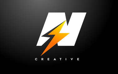 N letter Logo Design With thunderbold sign icon Vector. Thunder Letter Creative Logo Design.