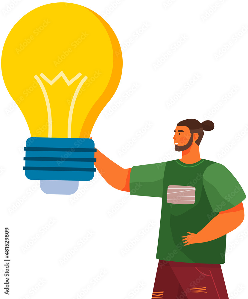 Poster employee near invention light bulb as symbol of new project. man develops and implements creative id