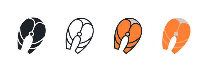 Fish steak icon. Linear flat color icons contour shape outline. Black isolated silhouette. Fill solid icon. Modern glyph design. Set of vector illustrations. Meat products fish, sea food. Marine life