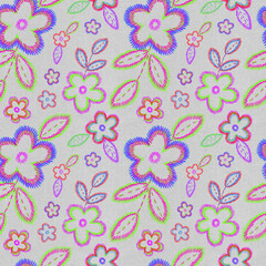 Fototapeta na wymiar Stitch, embroidery floral seamless pattern. Fancywork neon flowers on canvas repeat print. Modern botanical art, craft, hand made design for textile, fabric, wallpaper, wrapping paper and decoration.