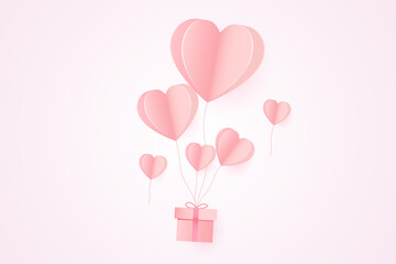 Fototapeta na wymiar Paper art of Valentine's day festival with heart shaped balloons paper and gift box.