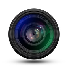 Front view of camera lens isolated on a white background.