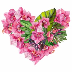 Happy Valentine's Day heart spring orchids filled isolated background. Tropics.