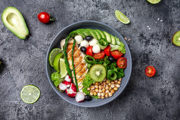Trendy salad. Chicken grilled fillet with salad fresh vegetables and fruits, ketogenic diet lunch concept, banner, menu recipe place for text, top view