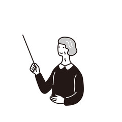 指し棒を持つ高齢者女性のシンプルなイラスト
