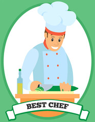 Best chef logo chef stands with cutting board and knife. Man prepares dish, cuts cucumber, vegetable for salad. Chef works with kitchen equipment to prepare food. Cook cuts ingredients to healthy meal