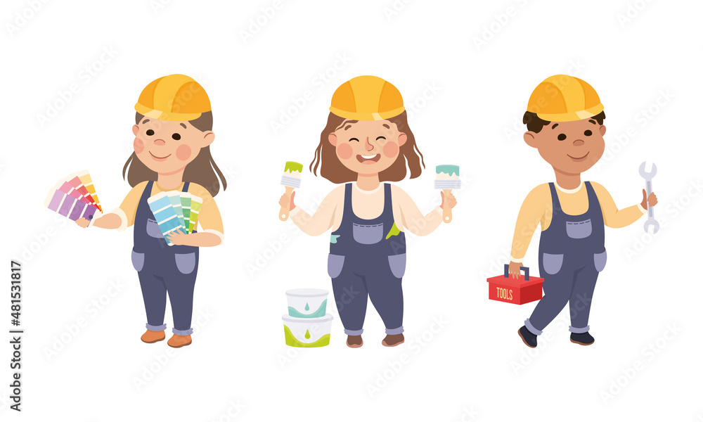 Poster smiling girl and boy builder in hard hat and overall with paint bucket and toolbox vector set