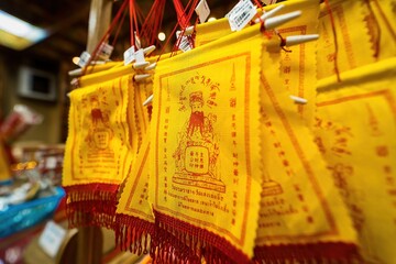 Bangkok, Thailand - December, 20, 2021 : Yellow talisman Chinese god of luck in Leng Noei Yi 2 or...