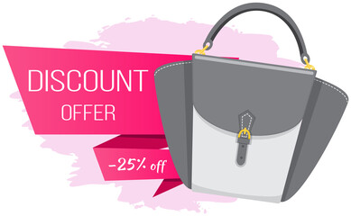 Sale poster with womens bag. Discount, special offers promotion, shopping advertisement. Hand drawn style vector design illustration shop now concept, black friday marketing advertising template