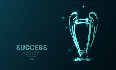 Futuristic style illustration for banners, decoration and web. Hand drawn sketch of glowing champion cup in blue background. Detailed drawing.