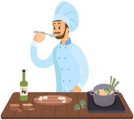 Best chef logo chef stands with spoon and soup pot on stove. Man preparing dish, tasting meal. Chef works with kitchen equipment to prepare food. Male character tastes ingredients of hot dish