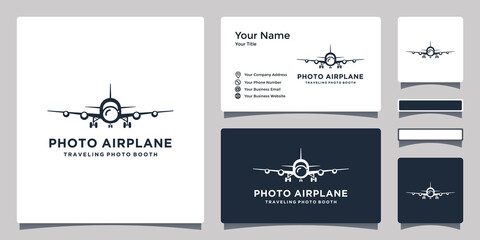 Fototapeta na wymiar airplane design logo template combined with camera lens and business card design