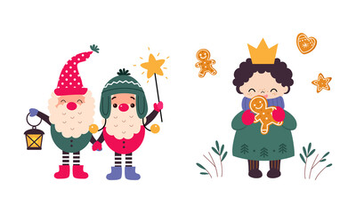 Cute Gnome and Little Boy as New Year Character Carrying Lantern and Sweet Gingerbread Vector Set