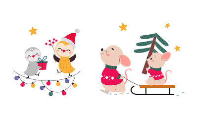 Cute Mouse and Birds as New Year Character Pulling Sledge and Sitting on Garland Vector Set