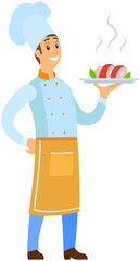 Man holds plate with ready-made meal. Restaurant service, breakfast or dinner dish vector illustration. Kitchener serving dish from chef, food at cafe. Male character with hot meat on plate