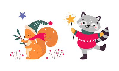 Cute Squirrel and Raccoon as New Year Character Wearing Hat and Sweater Vector Set