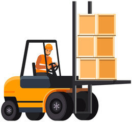 Forklift truck with pallet and boxes. Man works with delivery of goods, transportation in production. Employee drives freight vehicle to lift load. Driver working on forklift truck delivery