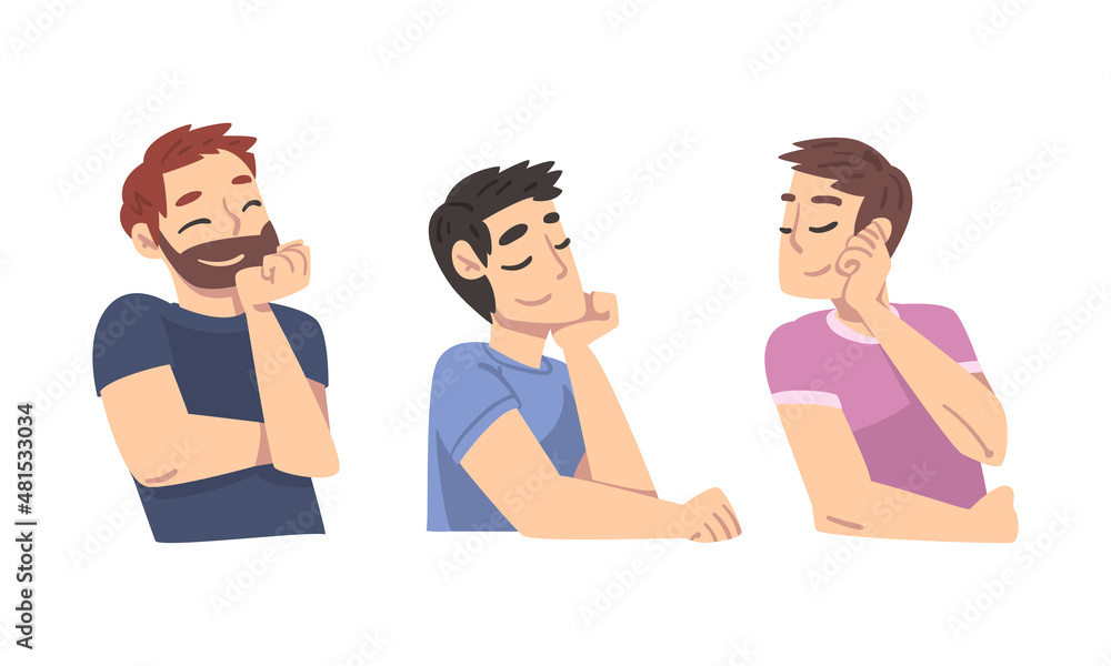 Poster smiling man character looking at someone demonstrating attention vector set