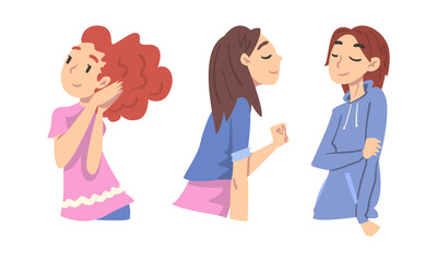 Smiling Woman Character Looking at Someone Demonstrating Attention Vector Set