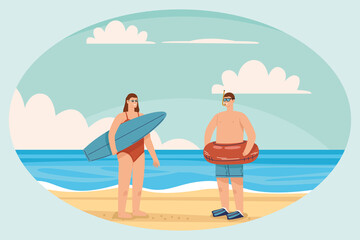 beach with tourist couple