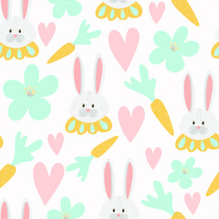 Cute hand drawn Easter seamless pattern with bunny, carrots, hearts and flowers. Great for Easter Cards, banner, textiles, wallpapers - vector design.