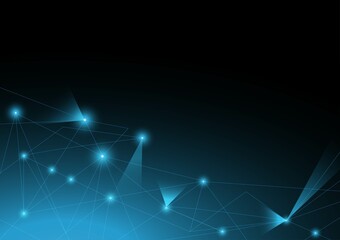 Abstract polygonal shapes and dot connection, futuristic technology graphic design on blue background. Vector illustration.