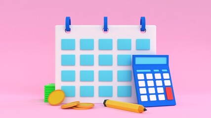 Tax calendar. Schedule with pencil, coins, cash and calculator. Concept of budget planning, finance accounting. 3d render illustration