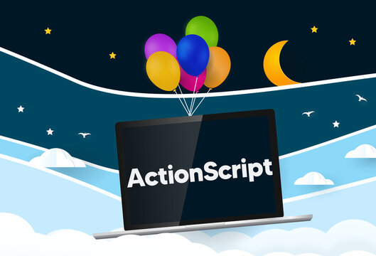 ActionScript programming language... Balloons carries laptop with word ActionScript
