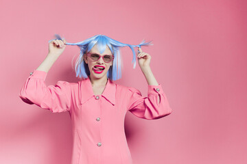fashionable woman bright makeup fashion sunglasses pink background