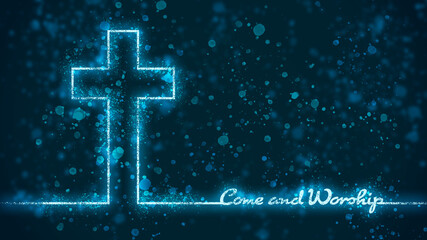 Cross and come and worship text in thin lines style. Background from particles