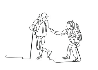 equipped people trekking and climbing helping each other