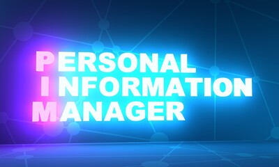 PIM - Personal Information Manager acronym. Neon shine text. 3D render