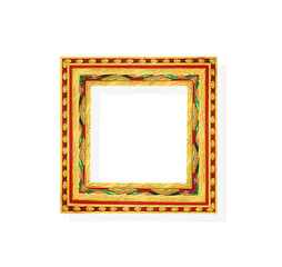Yellow gold picture frame decorative with green red glass and engraving patterns isolated on white...