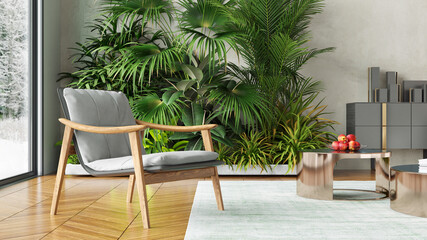 Modern stylish interior of the living room, a room with a staircase, wooden floor and a large window. 3D rendering
