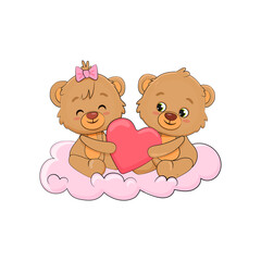 Cute cartoon teddy bears with heart on cloud.Valentines day card. 