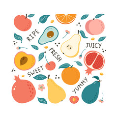 Hand Drawn Fruits Collection. Set of Doodle style fruits illustrations for poster, banner, background, market label, logo, sticker, postcard, menu, food package design and decoration