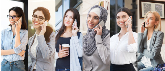 Multiethnic Women Talking On Cellphones Standing On Different Backgrounds, Collage