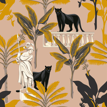 Tropical vintage botanical landscape, panther, marble sculpture, banana tree floral seamless pattern pink background. Exotic vector wallpaper.