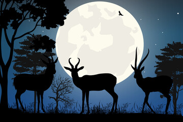cute antelope and moon silhouette - obrazy, fototapety, plakaty