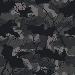 Camouflage with branches. Seamless pattern for clothes. Forest print. Black background.