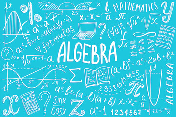 Algebra or mathematics subject doodle design. Maths symbols icon set. Education and study cover template. Back to school sketchy background for notebook, not pad, sketchbook. Hand drawn illustration. - 481541412