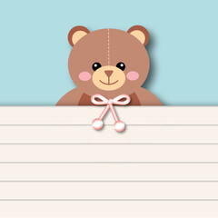 Cute teddy bear with empty wooden wall on blue background. Cartoon bear. Greeting card for Valentine, birthday, poster and postcard, banner love concept. space for the text. paper cut design style.