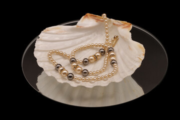 white scallop shell with black and white pearl necklace on circular mirror and black background