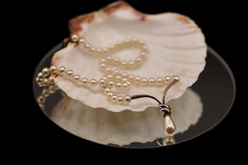 selective focus to a white scallop shell with pearl necklace on circular mirror and black background