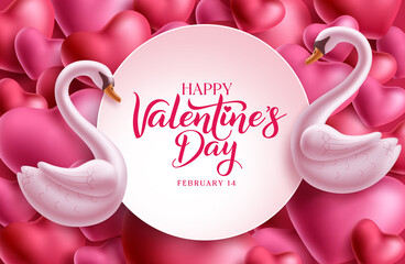 Valentine's day template vector design. Happy valentine's day text in empty space frame with couple swan characters and heart background. Vector illustration.  © AmazeinDesign