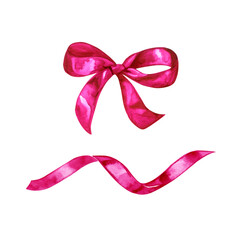 Watercolor hand drawn pink bow for holiday design of any kind of poligraphy - cards, flyers, posters. Bright and colorful for joy.